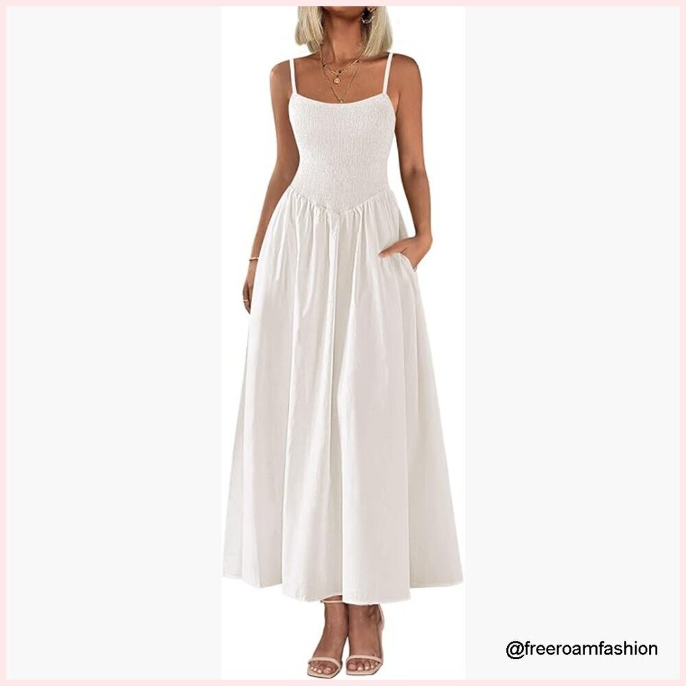 Women's Smocked Maxi Dress Spaghetti Strap A-Line Beach Sundress